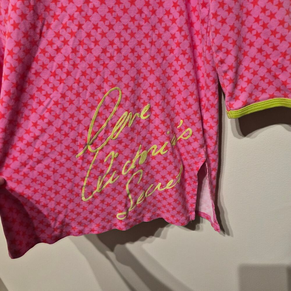 Victoria's Secret Sleep Shirt Nightgown Medium Hot Pink Green Long Sleeve - Picture 2 of 7